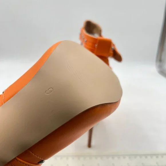 XYD Dark Orange Studs Peep Toe Ankle Bootie High Heel Buckled Double Strap Shoes - Picture 6 of 8